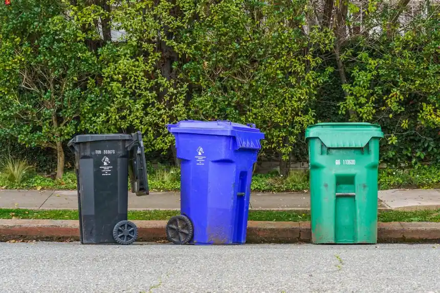 Black, blue, and green recycling bins on the street curb, ready for collection.